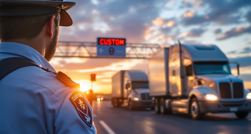 A professional car carrier truck passing through a digital 2026 expressway checkpoint