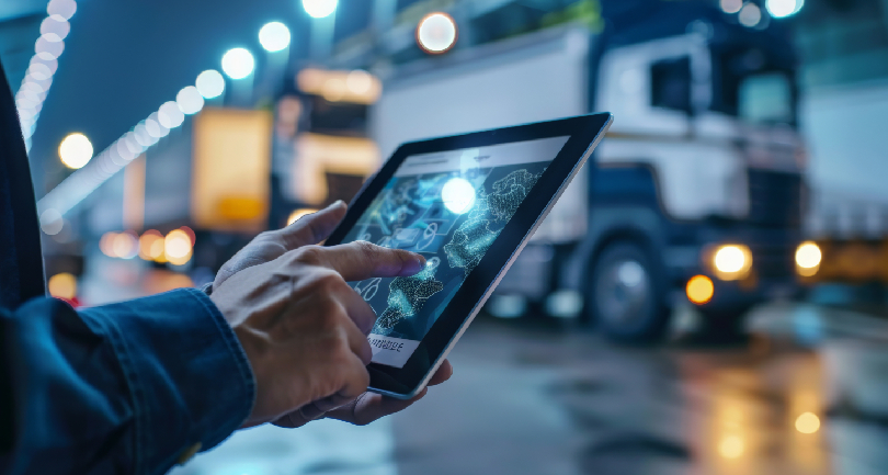 A car shipping service professional using a tablet to monitor an IoT-enabled car transport vehicle.